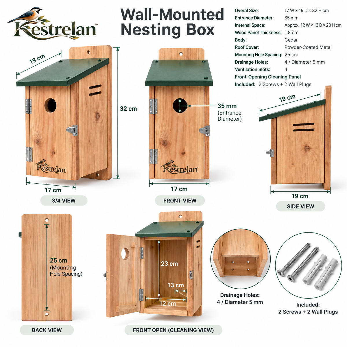 Kestrelan™ WallNest Wall-Mounted Nesting Box – Outdoor Wooden Bird Shelter for Garden Walls, Fences & Backyard Wildlife Spaces