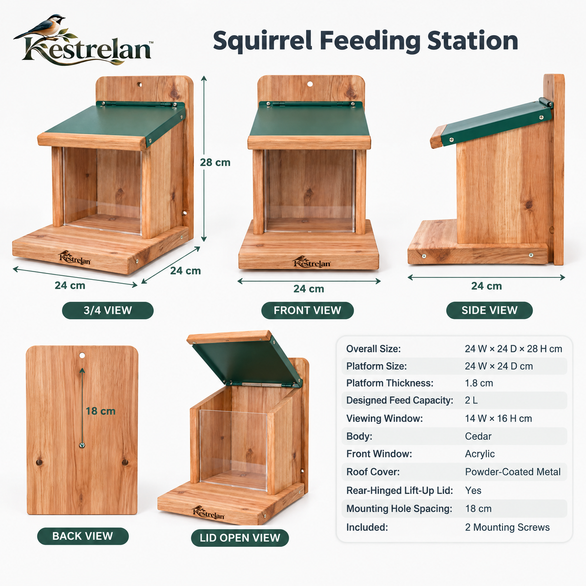 Kestrelan™ NutDeck Squirrel Feeder – Outdoor Wooden Feeding Station with Covered Food Box for Backyard Wildlife Watching