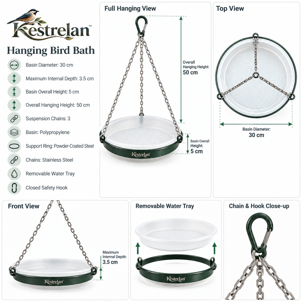 Kestrelan™ SkyBasin Hanging Bird Bath – Suspended Outdoor Water Dish for Garden, Patio & Backyard Bird Watching