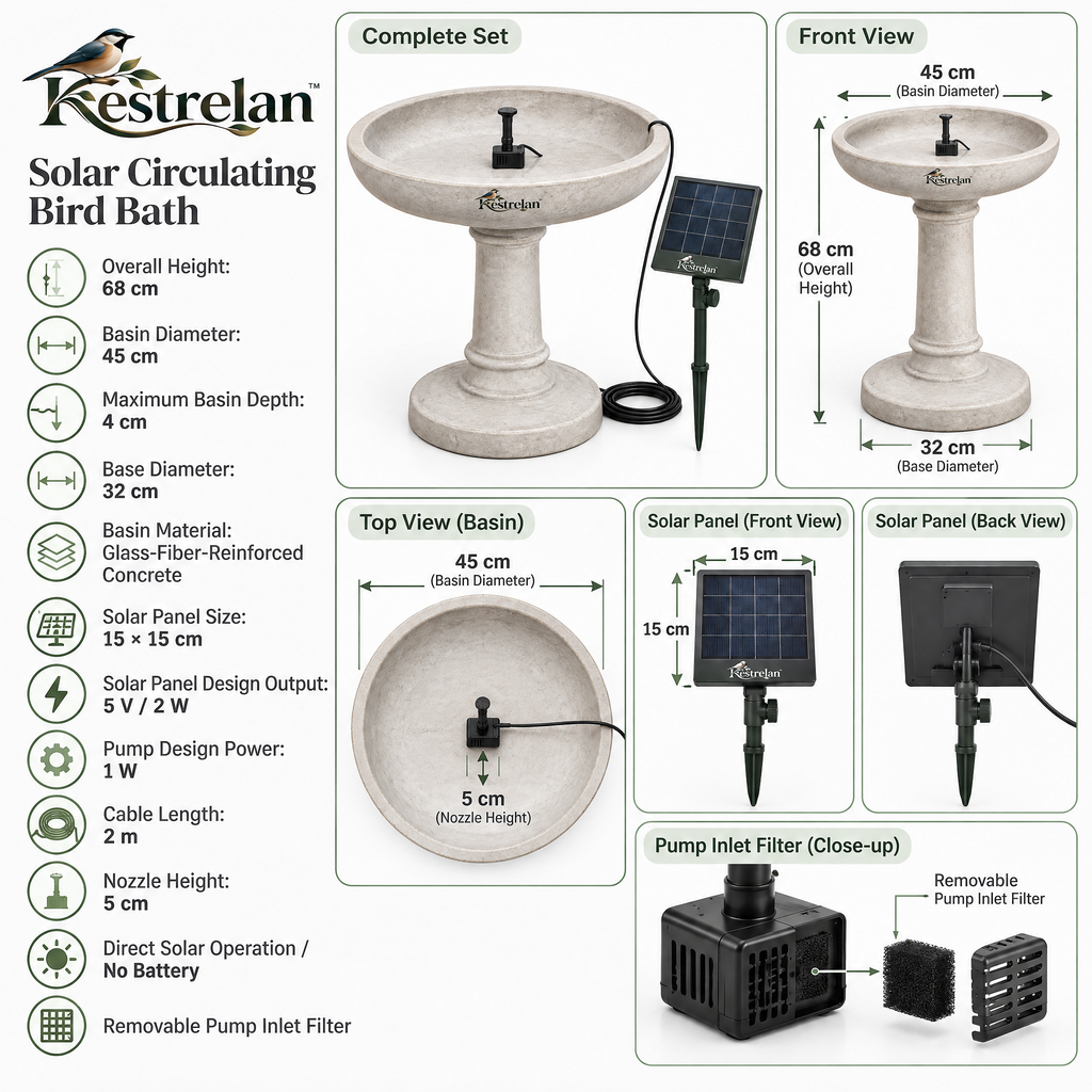 Kestrelan™ SunRipple Solar Bird Bath Fountain – Solar-Powered Water Circulator for Garden Basins, Backyard Bird Baths & Outdoor Wildlife Spaces