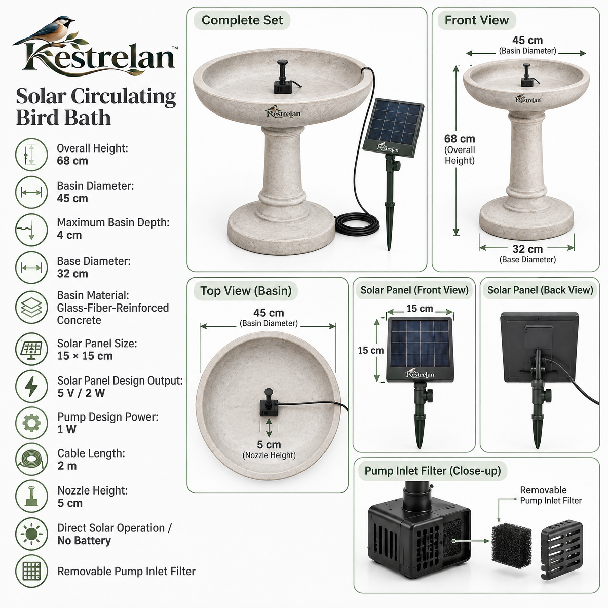 Kestrelan™ SunRipple Solar Bird Bath Fountain – Solar-Powered Water Circulator for Garden Basins, Backyard Bird Baths & Outdoor Wildlife Spaces