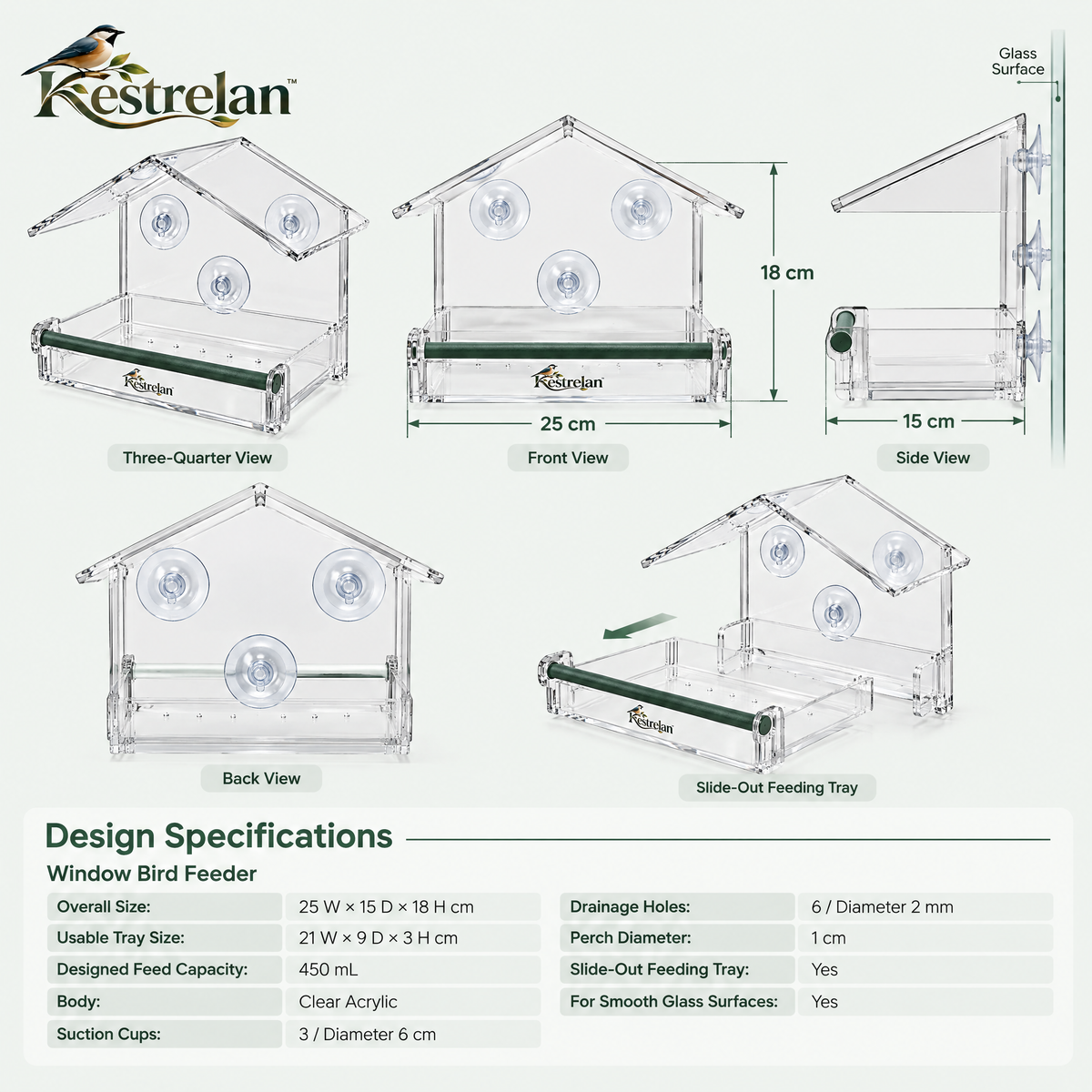 Kestrelan™ ClearPerch Window Bird Feeder – Transparent Suction-Mount Feeder for Up-Close Backyard Bird Watching