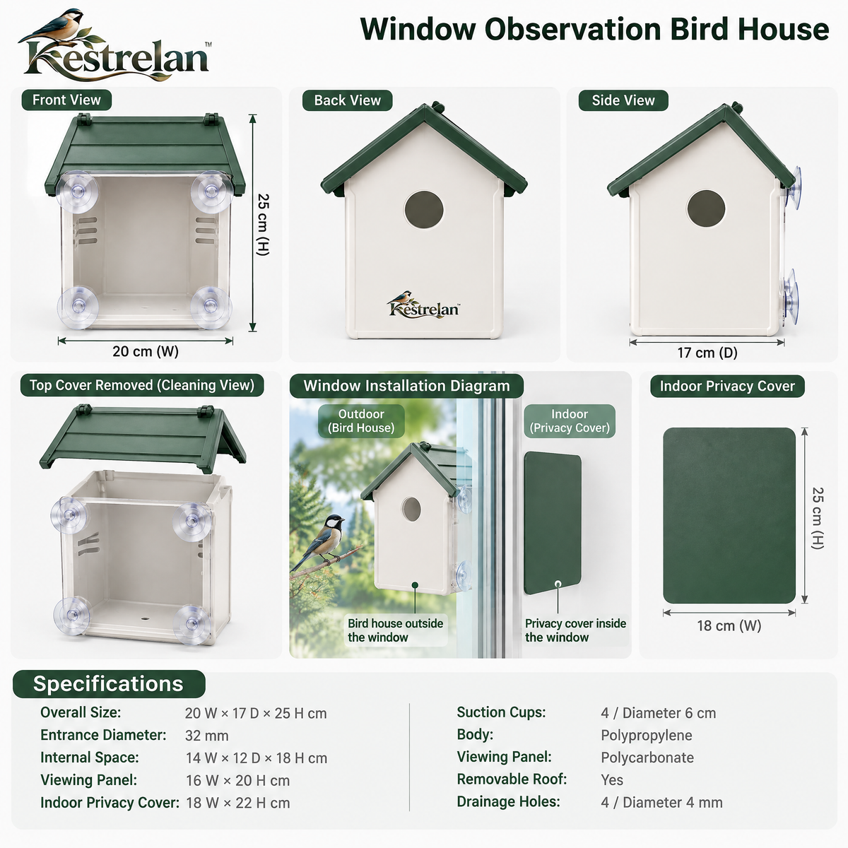 Kestrelan™ NestView Window Observation Birdhouse – Clear-Back Nesting Box for Up-Close Home Bird Watching