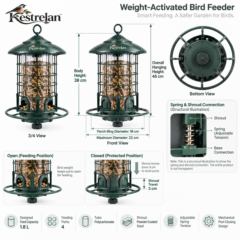 Kestrelan™ GuardPerch Squirrel-Resistant Bird Feeder – Protected Hanging Seed Station for Backyard & Garden Bird Watching