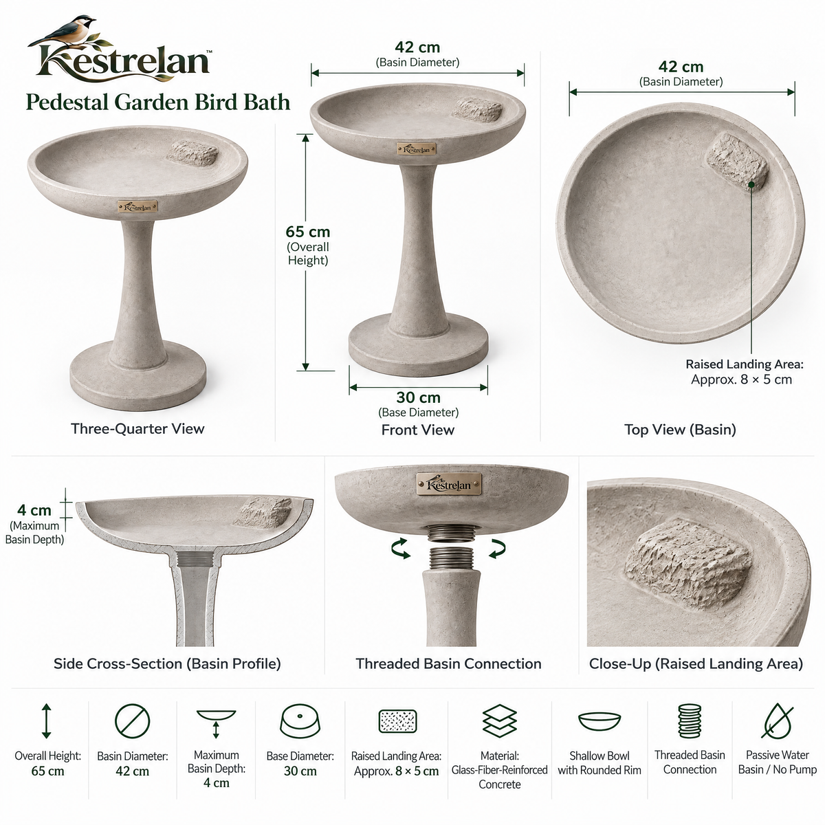 Kestrelan™ MeadowBasin Garden Bird Bath – Freestanding Outdoor Water Basin for Backyard Bird Watching & Wildlife Gardens
