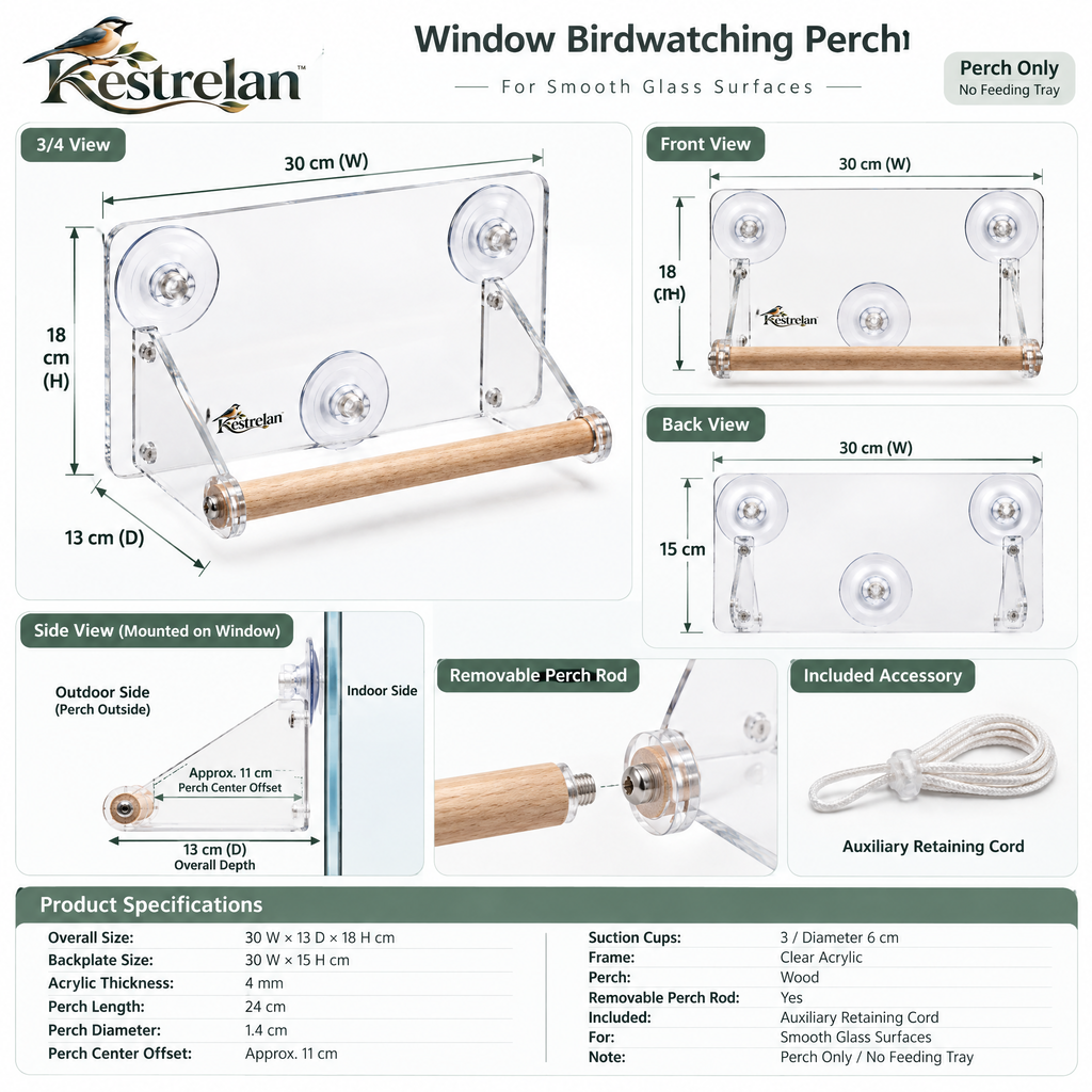 Kestrelan™ WindowPerch Bird Watching Shelf – Suction-Mount Window Observation Platform for Up-Close Backyard Bird Viewing