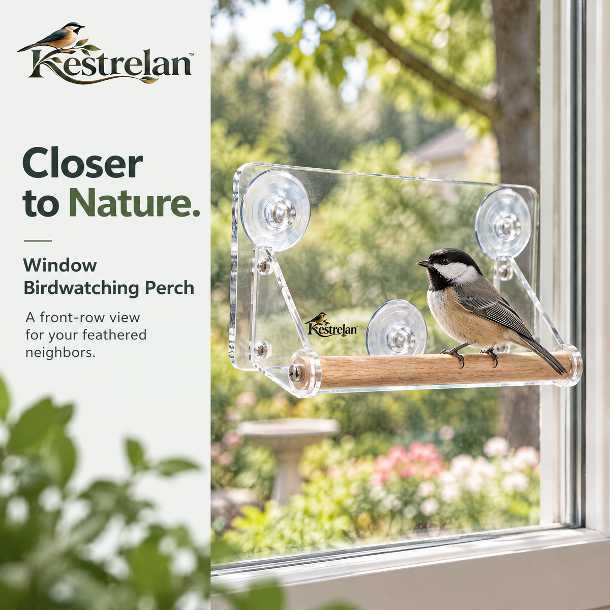 Kestrelan™ WindowPerch Bird Watching Shelf – Suction-Mount Window Observation Platform for Up-Close Backyard Bird Viewing