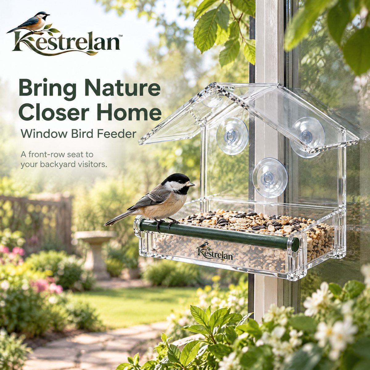 Kestrelan™ ClearPerch Window Bird Feeder – Transparent Suction-Mount Feeder for Up-Close Backyard Bird Watching