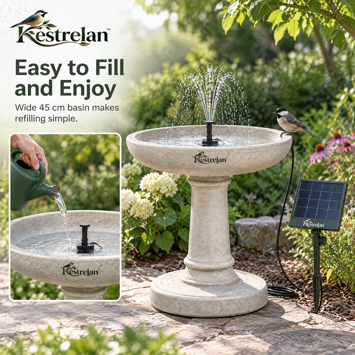 Kestrelan™ SunRipple Solar Bird Bath Fountain – Solar-Powered Water Circulator for Garden Basins, Backyard Bird Baths & Outdoor Wildlife Spaces
