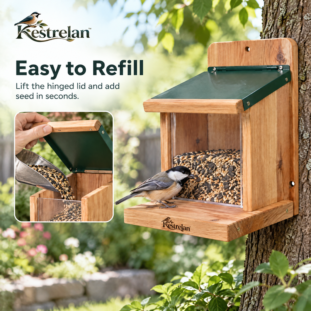 Kestrelan™ NutDeck Squirrel Feeder – Outdoor Wooden Feeding Station with Covered Food Box for Backyard Wildlife Watching