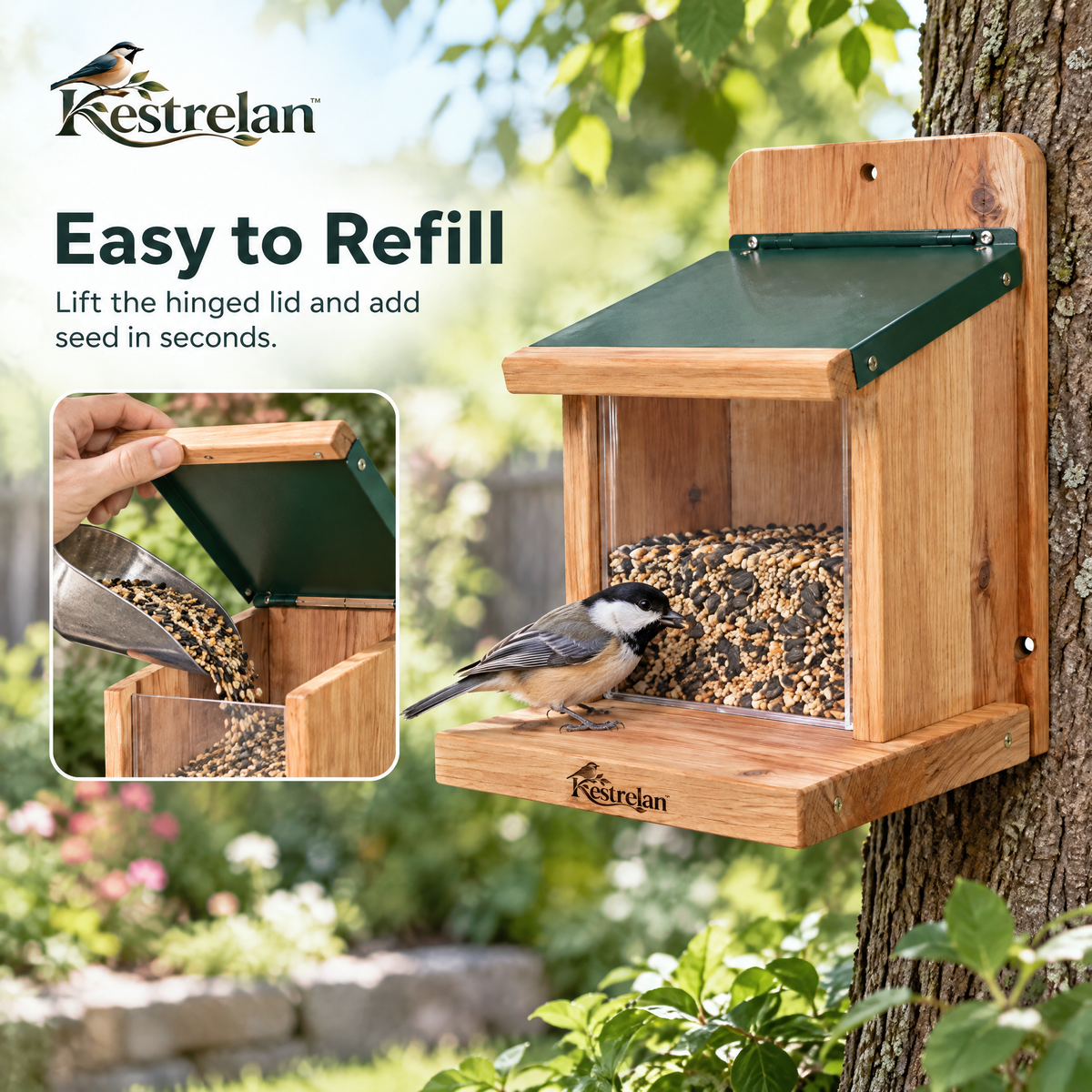Kestrelan™ NutDeck Squirrel Feeder – Outdoor Wooden Feeding Station with Covered Food Box for Backyard Wildlife Watching