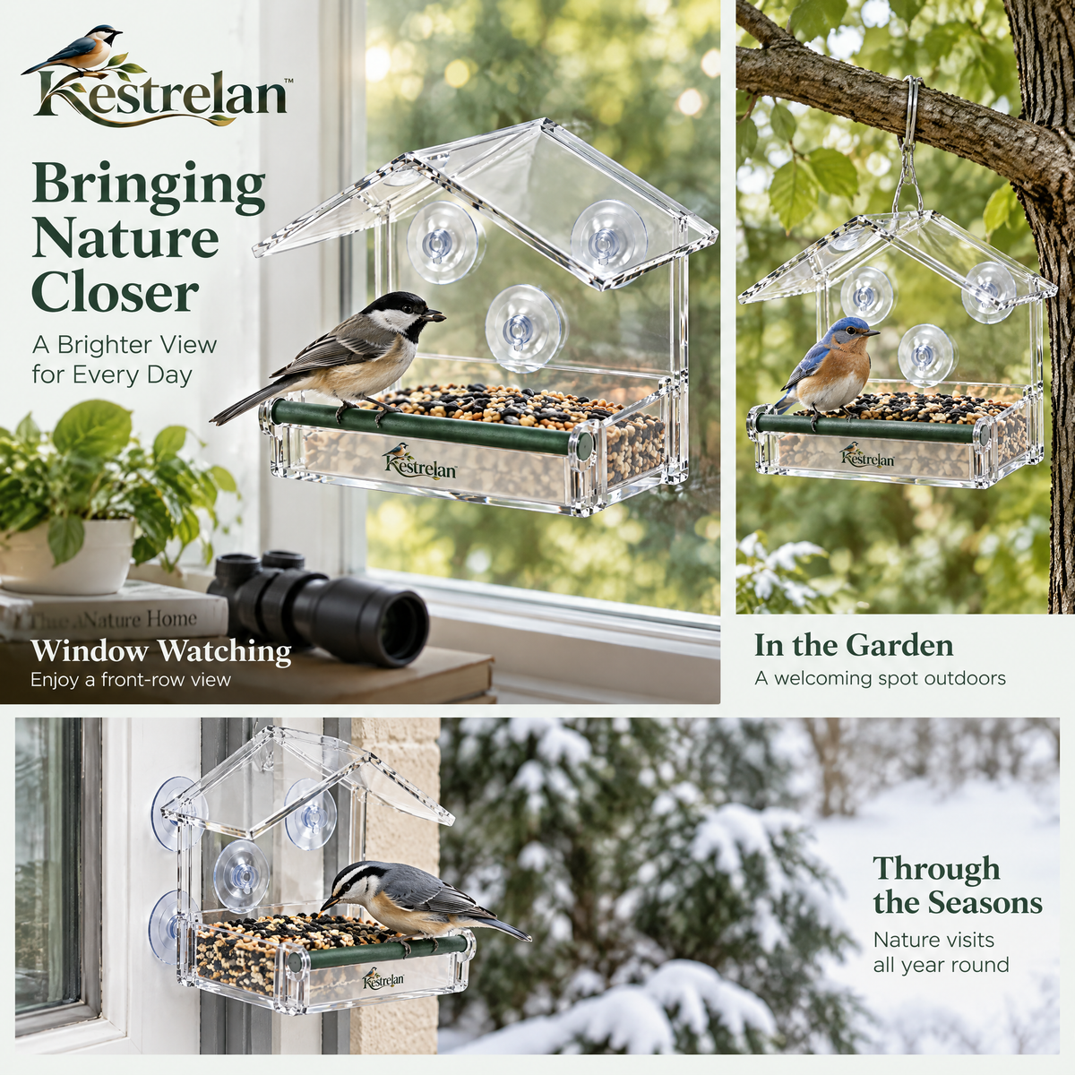 Kestrelan™ ClearPerch Window Bird Feeder – Transparent Suction-Mount Feeder for Up-Close Backyard Bird Watching