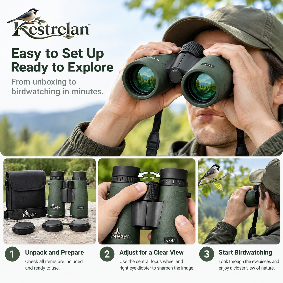 Kestrelan™ FieldSight Birding Binoculars – Lightweight Wide-View Optics for Backyard Wildlife, Hiking & Outdoor Observation