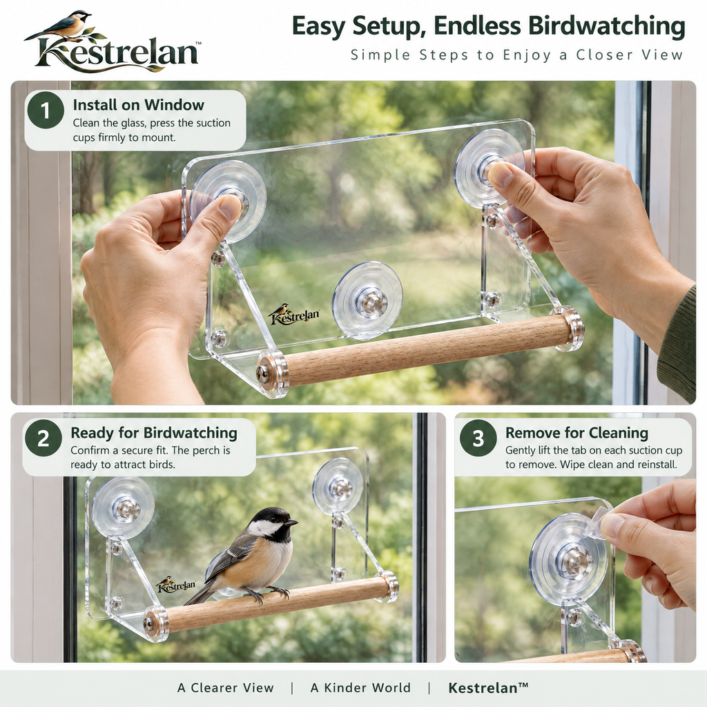 Kestrelan™ WindowPerch Bird Watching Shelf – Suction-Mount Window Observation Platform for Up-Close Backyard Bird Viewing