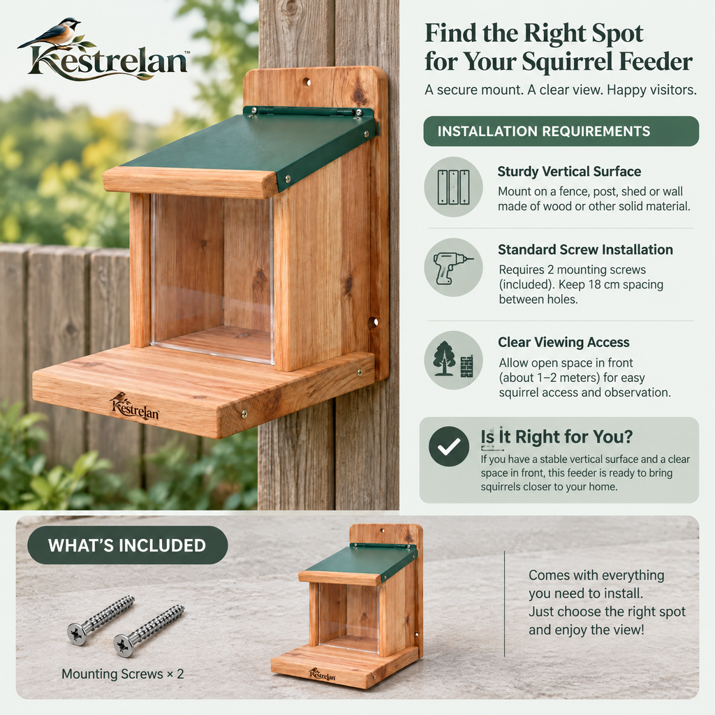 Kestrelan™ NutDeck Squirrel Feeder – Outdoor Wooden Feeding Station with Covered Food Box for Backyard Wildlife Watching