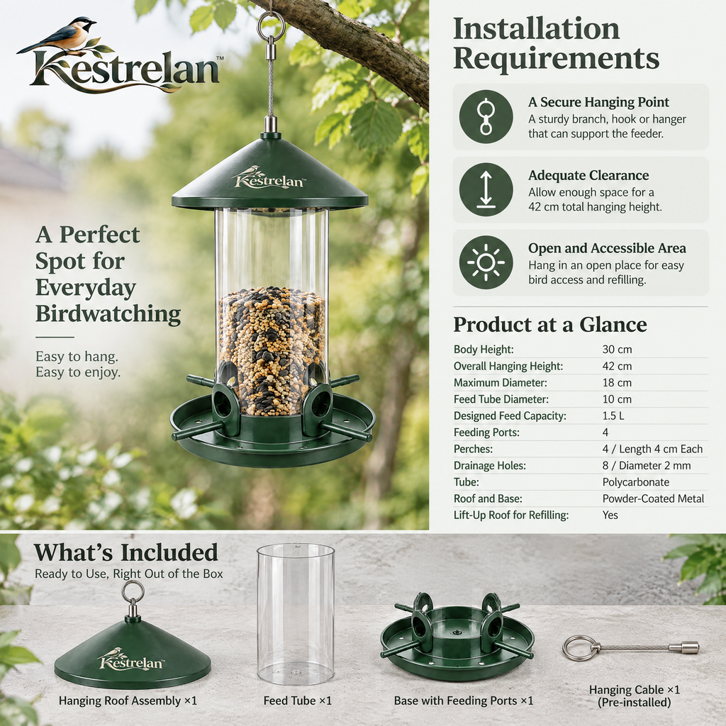 Kestrelan™ SeedHaven Hanging Bird Feeder – Outdoor Suspended Seed Station for Backyard, Garden & Patio Bird Watching