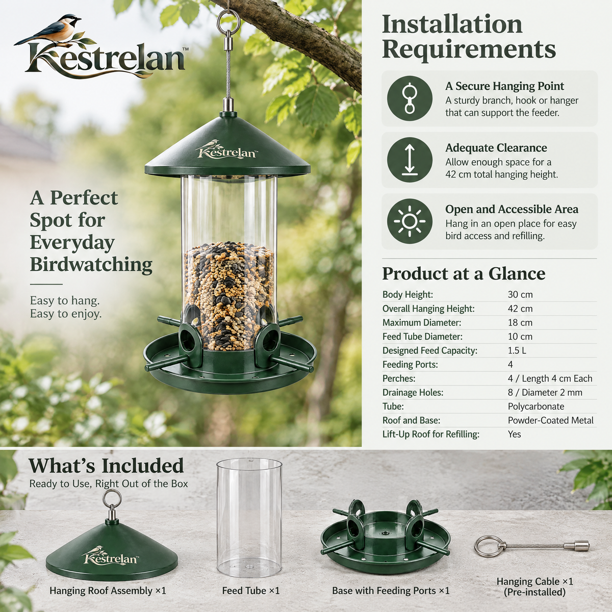 Kestrelan™ SeedHaven Hanging Bird Feeder – Outdoor Suspended Seed Station for Backyard, Garden & Patio Bird Watching