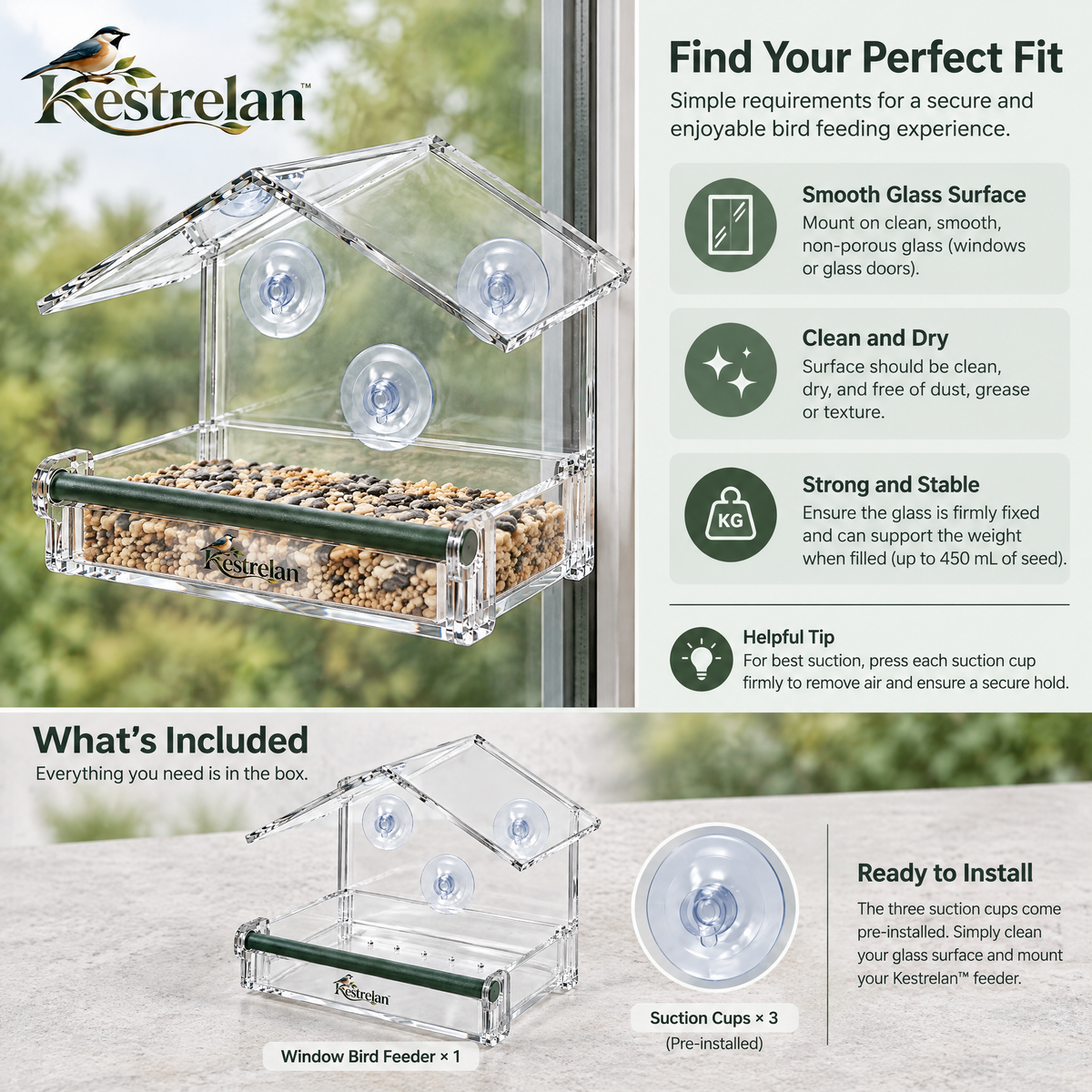 Kestrelan™ ClearPerch Window Bird Feeder – Transparent Suction-Mount Feeder for Up-Close Backyard Bird Watching