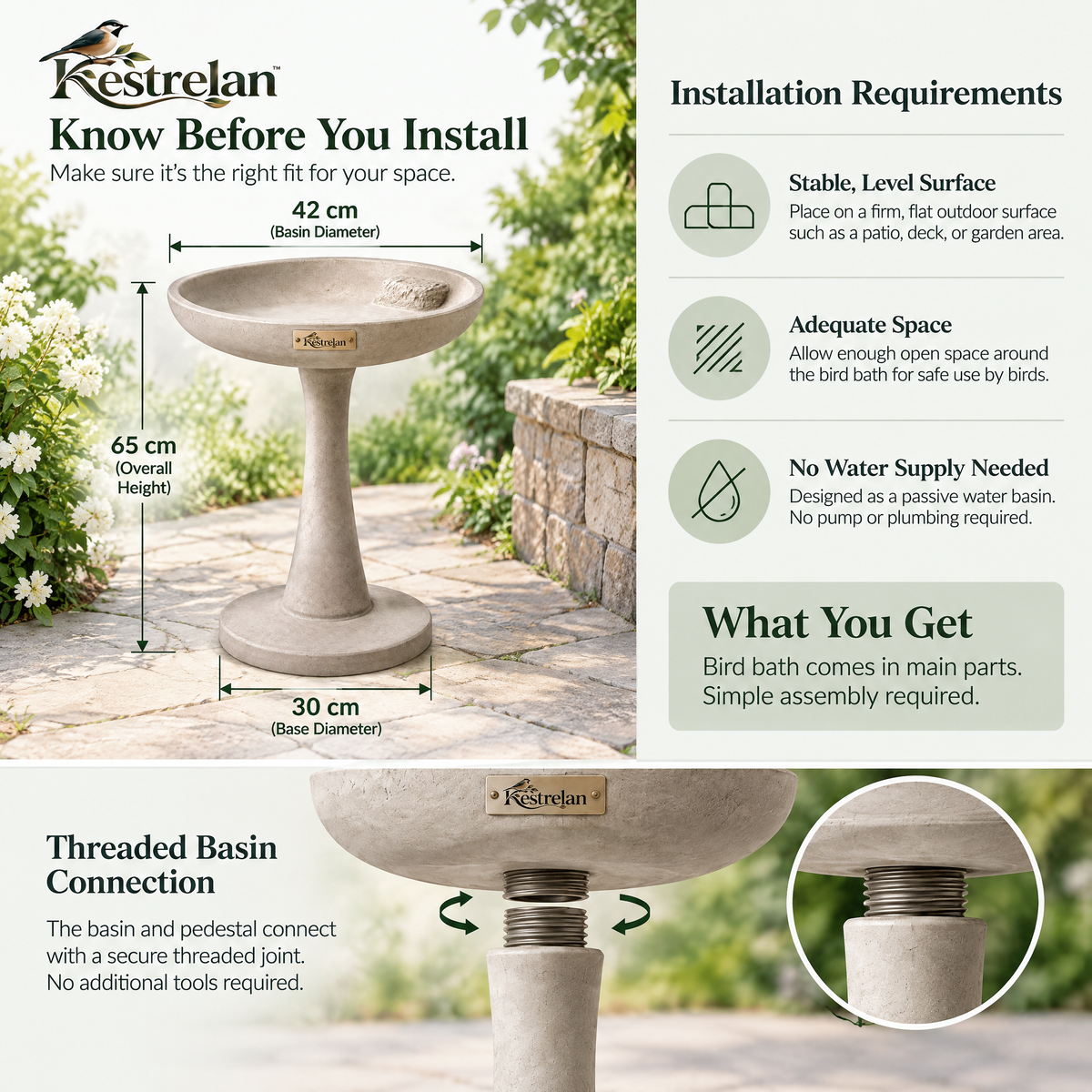 Kestrelan™ MeadowBasin Garden Bird Bath – Freestanding Outdoor Water Basin for Backyard Bird Watching & Wildlife Gardens