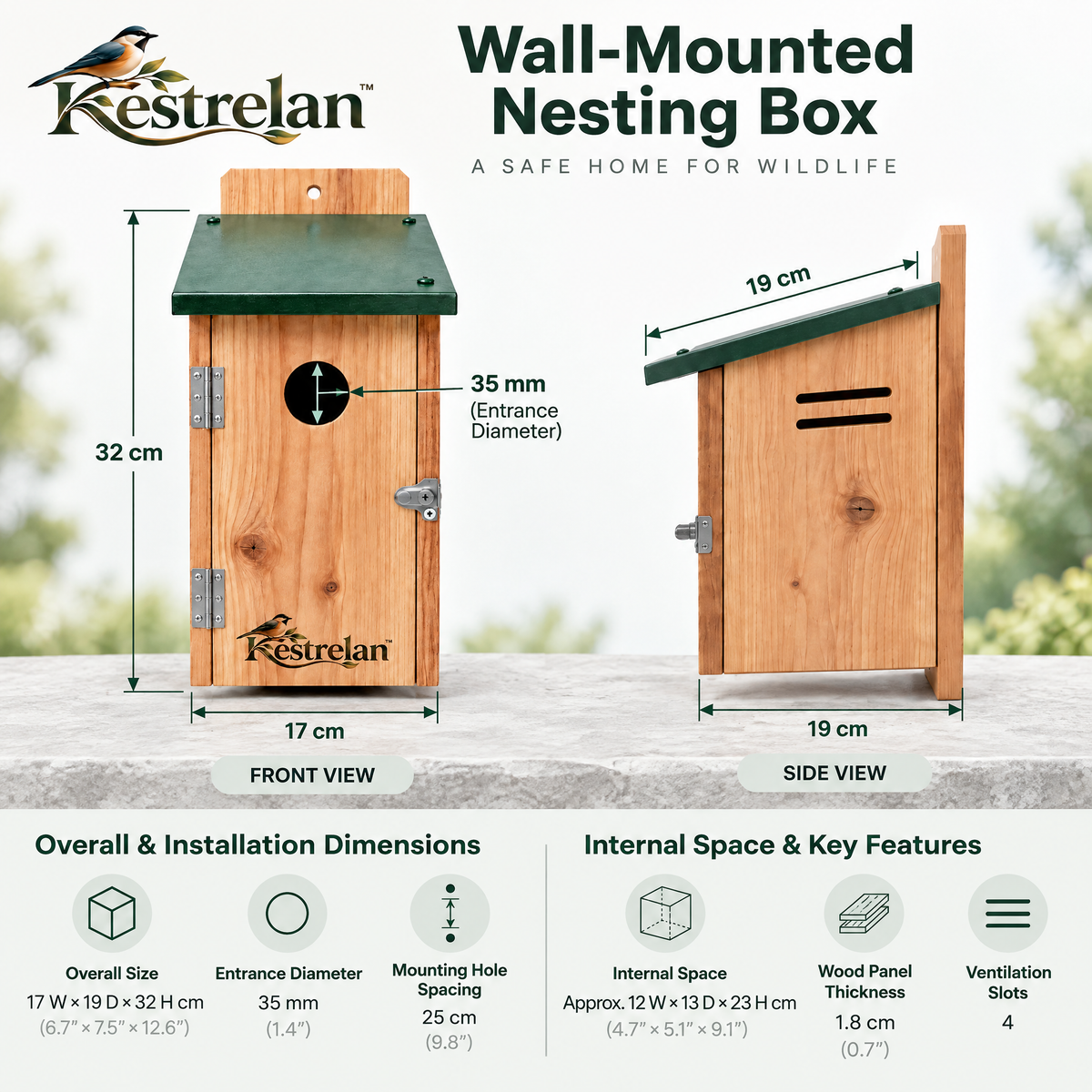Kestrelan™ WallNest Wall-Mounted Nesting Box – Outdoor Wooden Bird Shelter for Garden Walls, Fences & Backyard Wildlife Spaces