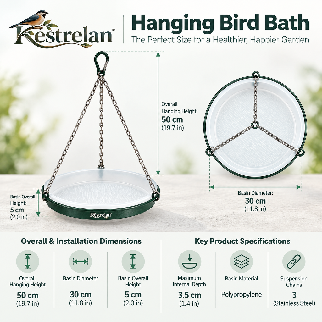 Kestrelan™ SkyBasin Hanging Bird Bath – Suspended Outdoor Water Dish for Garden, Patio & Backyard Bird Watching