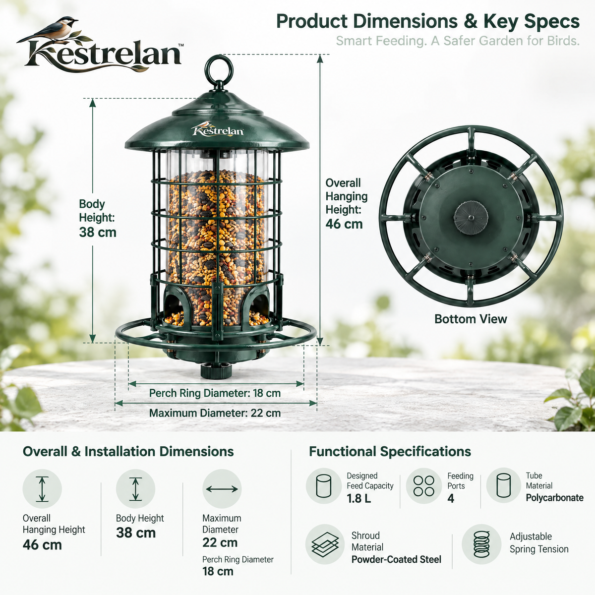 Kestrelan™ GuardPerch Squirrel-Resistant Bird Feeder – Protected Hanging Seed Station for Backyard & Garden Bird Watching