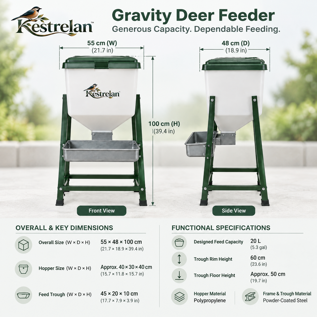 Kestrelan™ MeadowFeed Deer Feeder – Large-Capacity Outdoor Wildlife Feeding Station for Rural Yards, Woodlots & Nature Observation