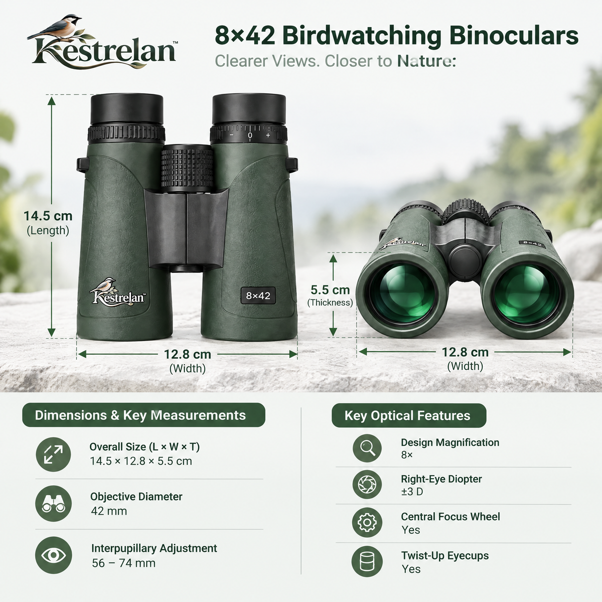 Kestrelan™ FieldSight Birding Binoculars – Lightweight Wide-View Optics for Backyard Wildlife, Hiking & Outdoor Observation