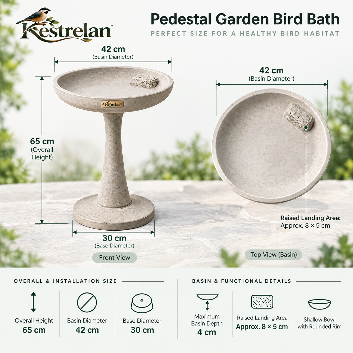 Kestrelan™ MeadowBasin Garden Bird Bath – Freestanding Outdoor Water Basin for Backyard Bird Watching & Wildlife Gardens