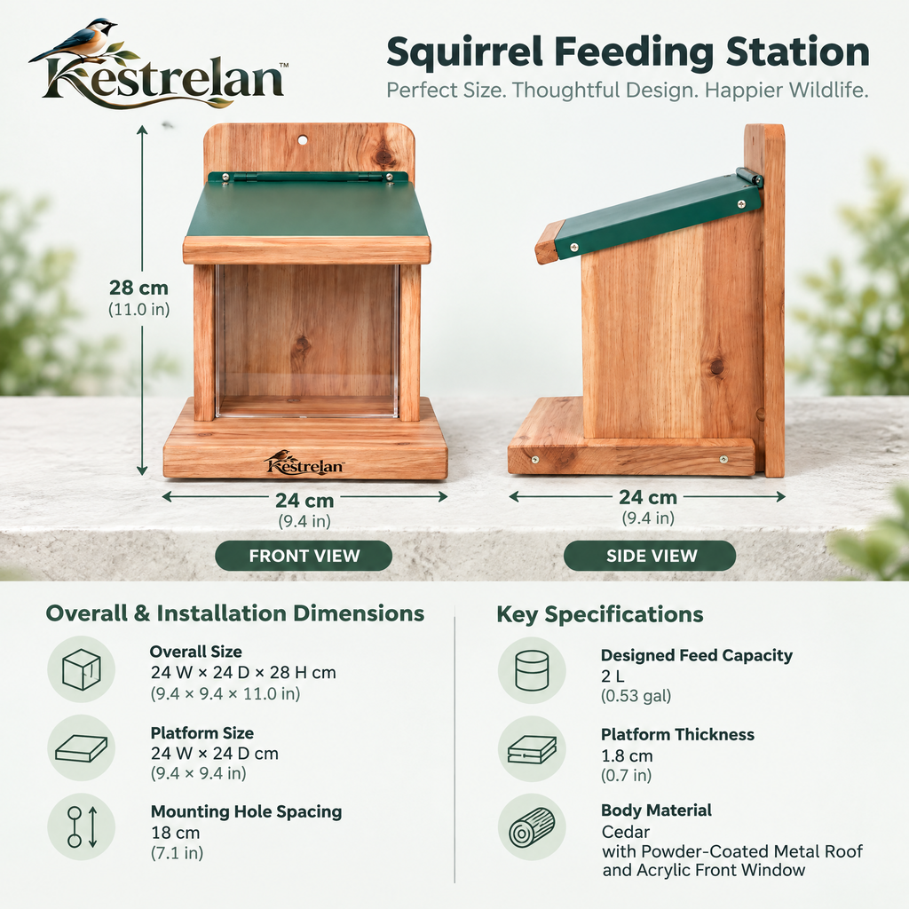 Kestrelan™ NutDeck Squirrel Feeder – Outdoor Wooden Feeding Station with Covered Food Box for Backyard Wildlife Watching