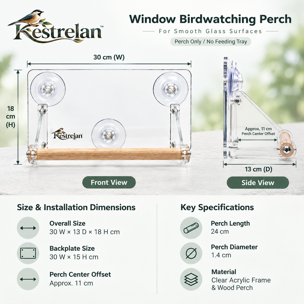 Kestrelan™ WindowPerch Bird Watching Shelf – Suction-Mount Window Observation Platform for Up-Close Backyard Bird Viewing